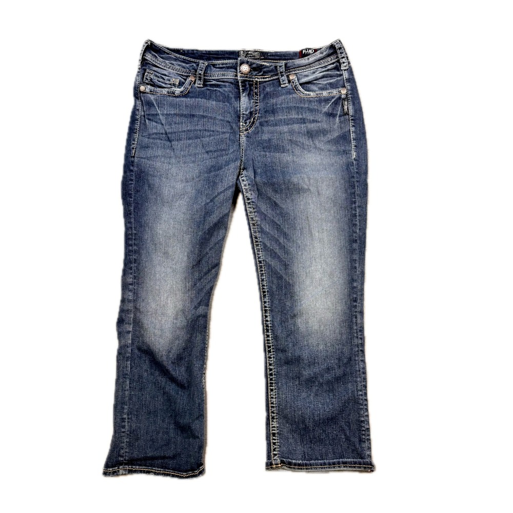 Silver Jeans Co Suki High Capri Fluid Denim Medium Wash Embroidered‎ Pockets W34